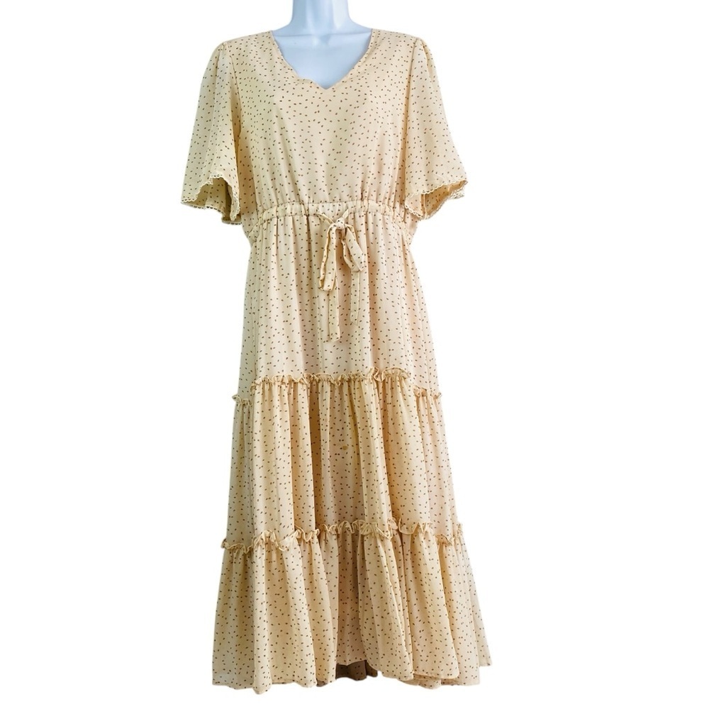 Orange Creek Tan/Cream Polkadot Chiffon V Neck Dress Size L
